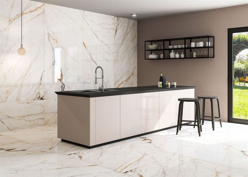 applications of large format porcelain slabs in kitchen flooring and walls
