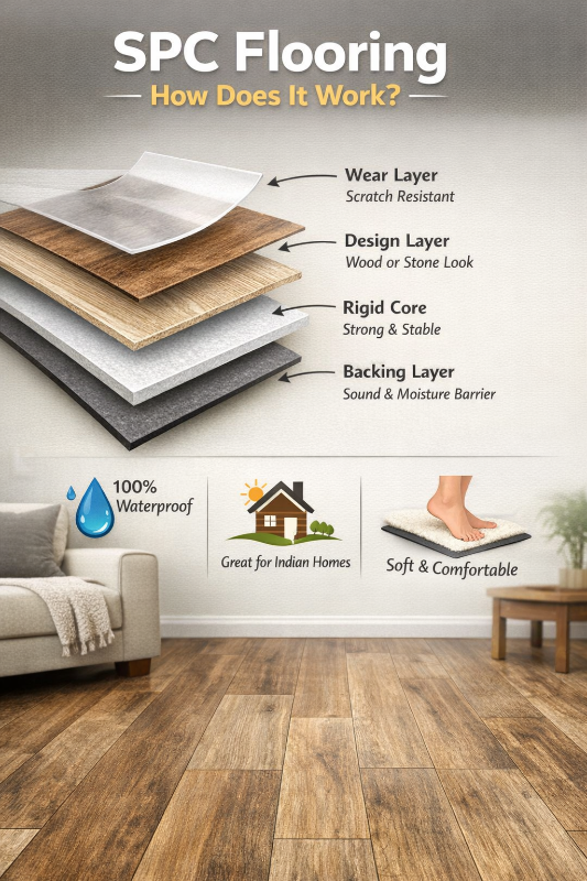 SPC flooring layers diagram showing wear layer, design layer, rigid core, and backing with waterproof and comfort features