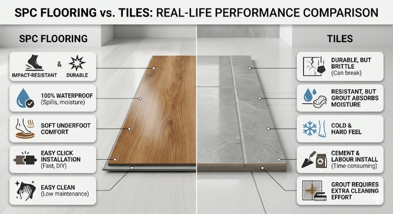 A side-by-side performance comparison infographic between wood-look SPC flooring and ceramic tiles. Icons and brief labels highlight SPC advantages in impact resistance, 100% waterproof nature, underfoot warmth, and quick click-lock installation versus the brittle, cold, and grout-heavy nature of traditional tiles.