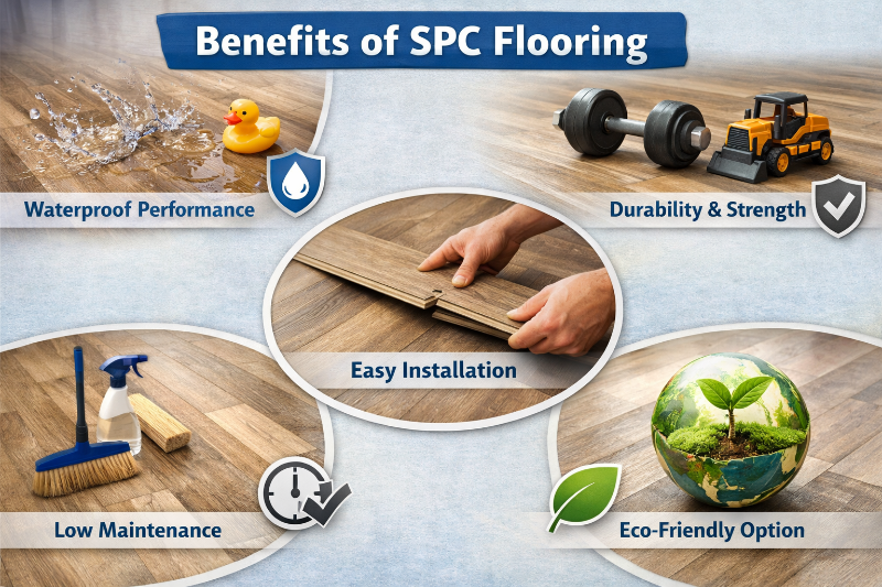 Infographic showing key benefits of SPC flooring including waterproof performance, durability, easy installation, low maintenance, and eco-friendly features