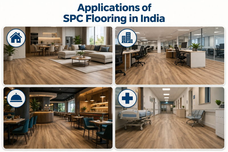 Infographic illustrating applications of SPC flooring in India across residential, commercial, hospitality, and healthcare spaces