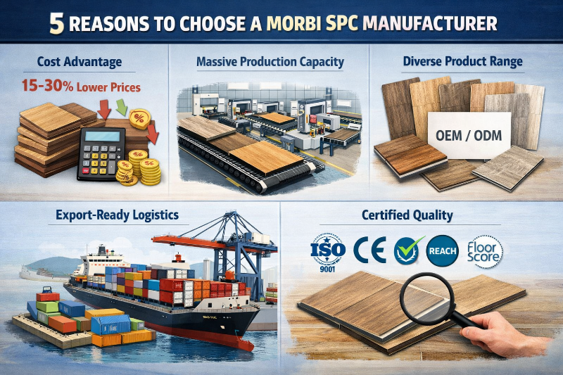 Infographic showing 5 reasons to choose a Morbi SPC manufacturer including cost advantage, high production capacity, product variety, export logistics, and certified quality