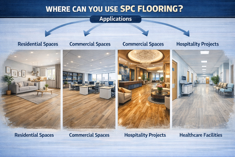 Infographic showing applications of SPC flooring in residential, commercial, hospitality, and healthcare spaces with modern interior visuals