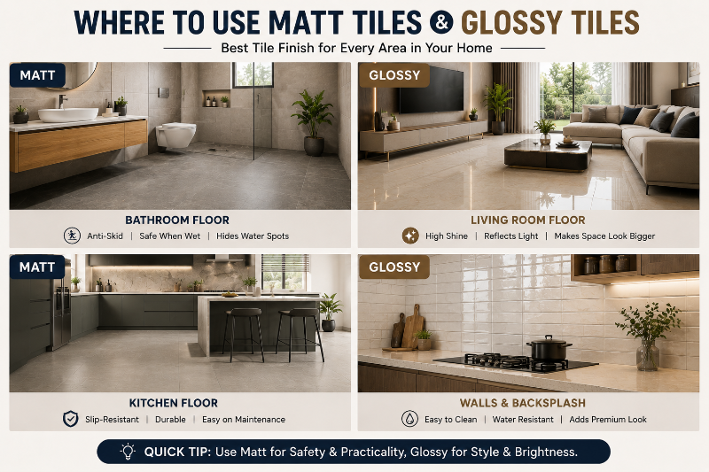 best matte and glossy tile applications for Indian homes