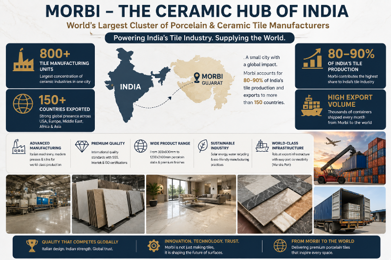 Morbi, Gujarat has become the largest hub for porcelain tile manufacturers in India and exports premium ceramic surfaces worldwide.