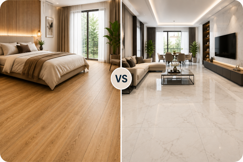 SPC flooring and vitrified tiles differ in waterproofing, comfort, installation, durability, and long-term maintenance requirements.