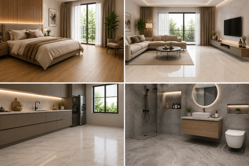 SPC flooring is ideal for bedrooms and living rooms, while vitrified tiles remain popular for kitchens, bathrooms, and outdoor spaces.