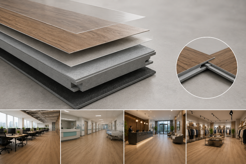 Commercial SPC flooring uses rigid core technology, waterproof construction, and heavy-duty wear layers for long-term durability.