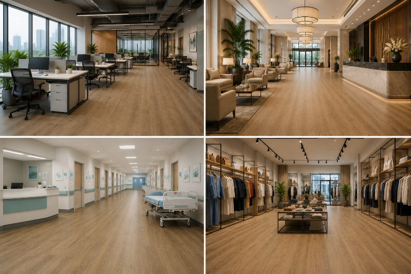 SPC flooring is widely used across offices, hospitals, hotels, and retail spaces because of its durability, waterproof performance, and low maintenance requirements.