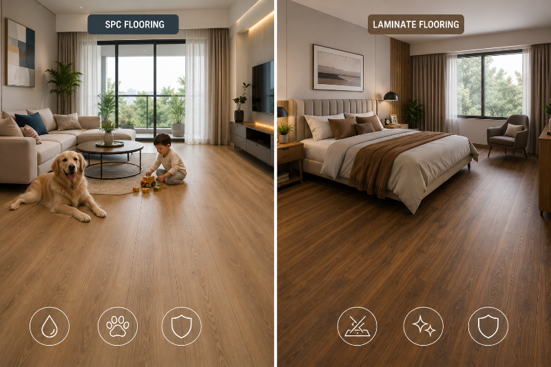 SPC flooring offers superior waterproofing and durability, while laminate flooring provides warm wood aesthetics for dry spaces.