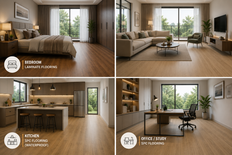 SPC flooring is ideal for kitchens, living rooms, and offices, while laminate flooring remains popular for cozy bedroom interiors.