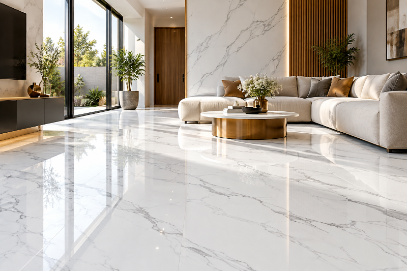 premium, photorealistic living room featuring glossy white marble-look flooring with elegant grey veining, natural lighting, and luxurious contemporary interiors