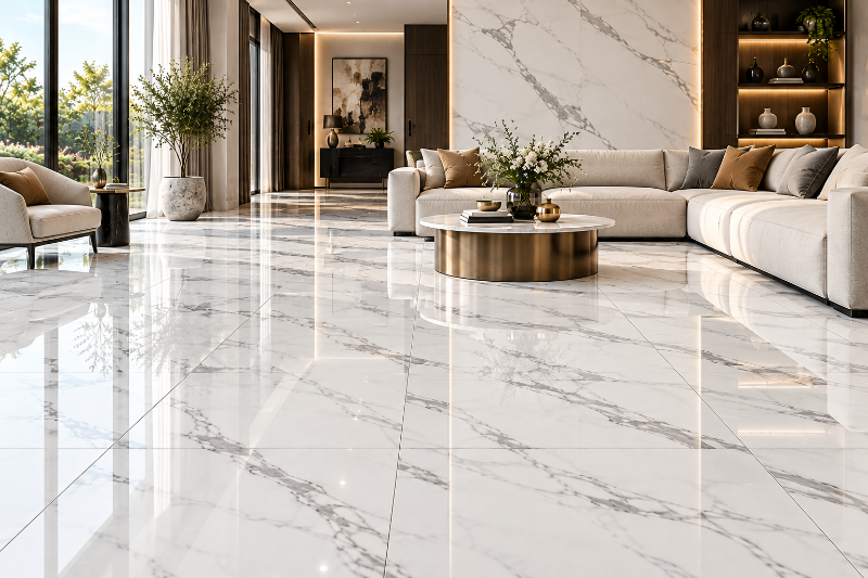 Straight-Lay Marble Floor Design in a Luxury Modern Living Room with Glossy White Marble Tiles and Grey Veining