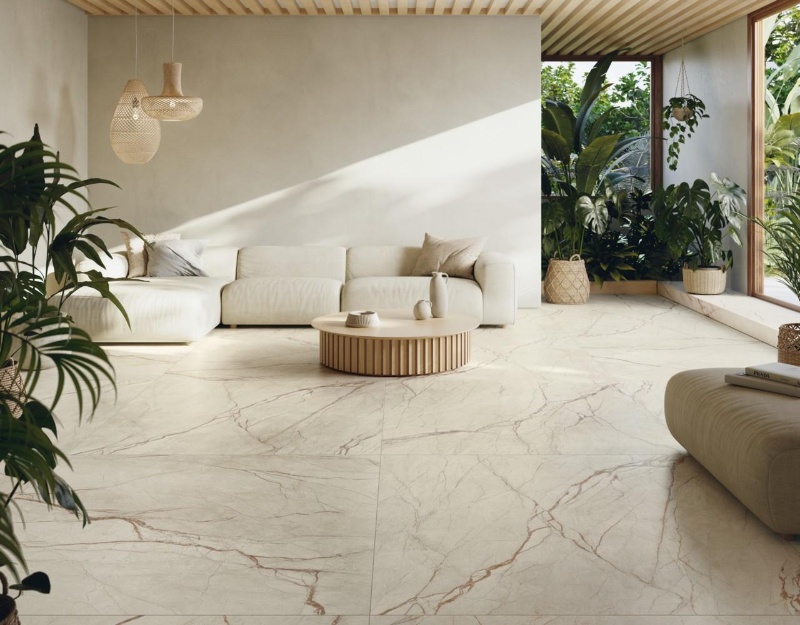 A low-angle architectural view of large-format rectangular cream tiles, with subtle marble veining, clean grout lines and natural light.