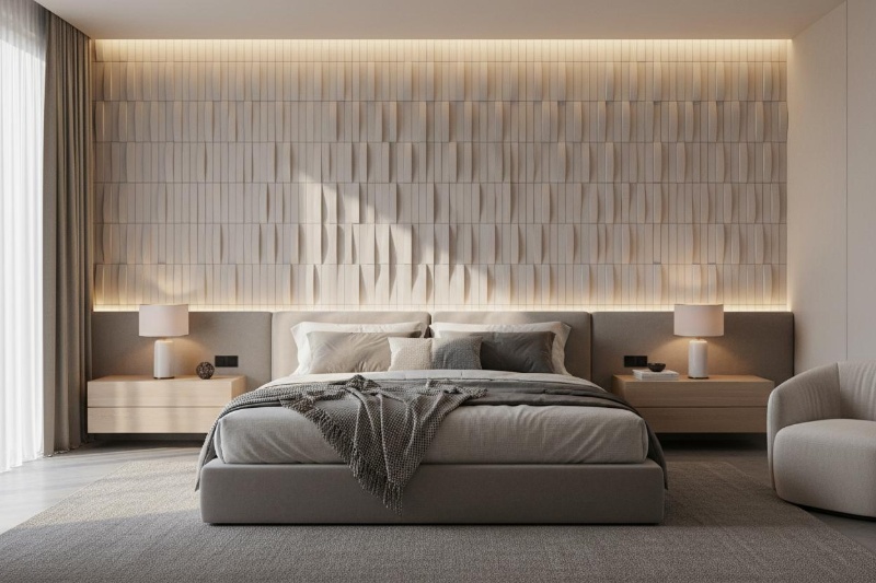 Modern bedroom featuring a subtle 3D tile headboard wall