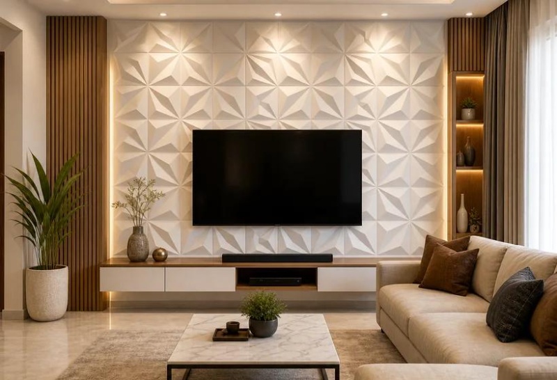 Living room TV wall finished with geometric 3D wall tiles