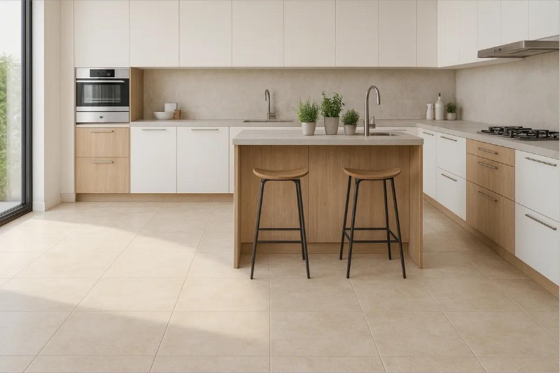 Beige ceramic floor tiles in a modern kitchen.