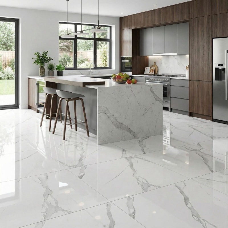 Marble-look glazed porcelain tiles in a white kitchen.