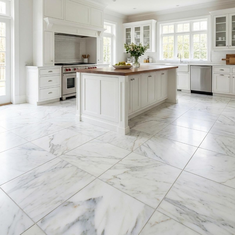 Natural white marble floor tiles with grey veining in a luxury kitchen.