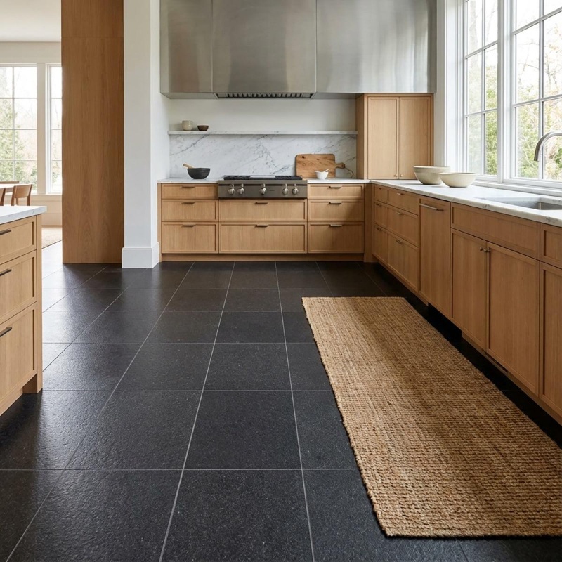 Dark granite floor tiles with natural mineral patterns in a kitchen.