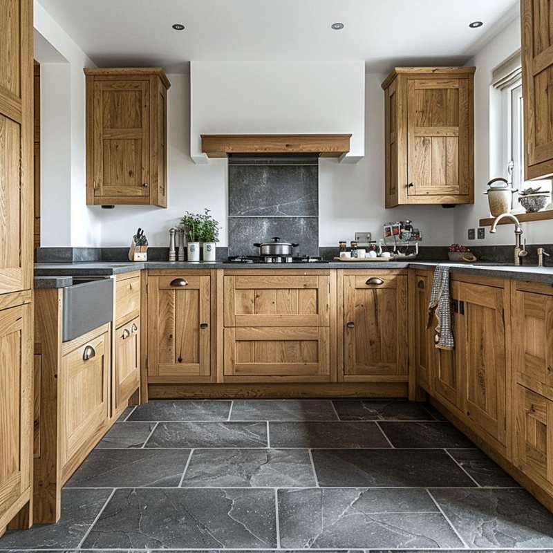 Textured charcoal slate tiles in a rustic kitchen.