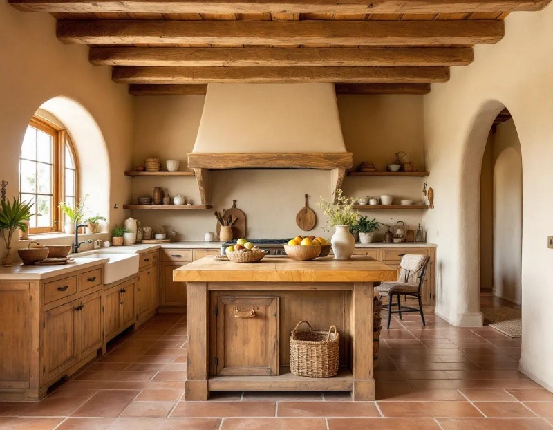 Warm terracotta clay floor tiles in a rustic farmhouse kitchen.