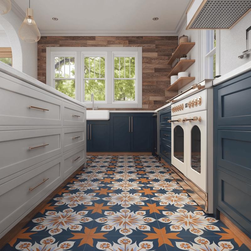Decorative patterned cement floor tiles in a vintage-style kitchen.