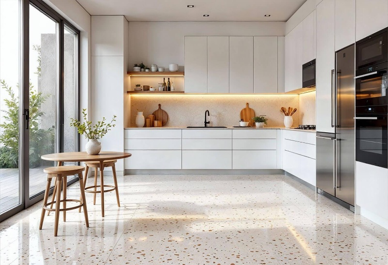 Light terrazzo floor tiles with multicoloured aggregate chips in a modern kitchen.